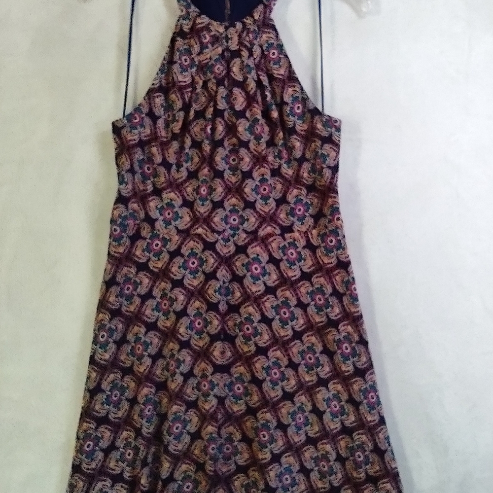 Express Halter Dress in Navy with Pink and Purple Floral Print, Open Back
